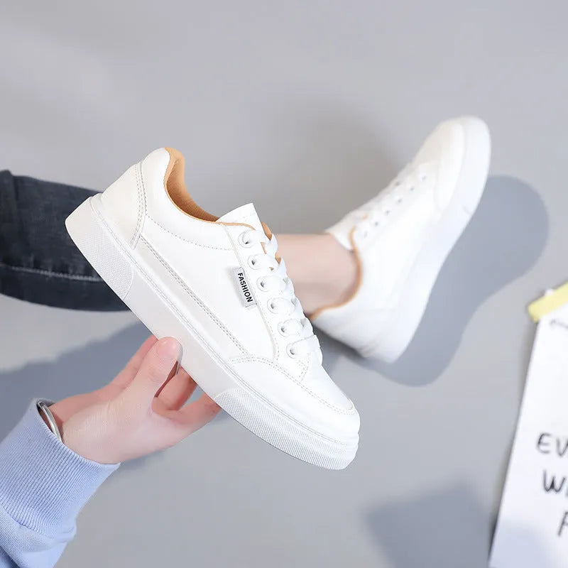 Women's low-top white and brown Korean style casual sneakers with artificial PU upper