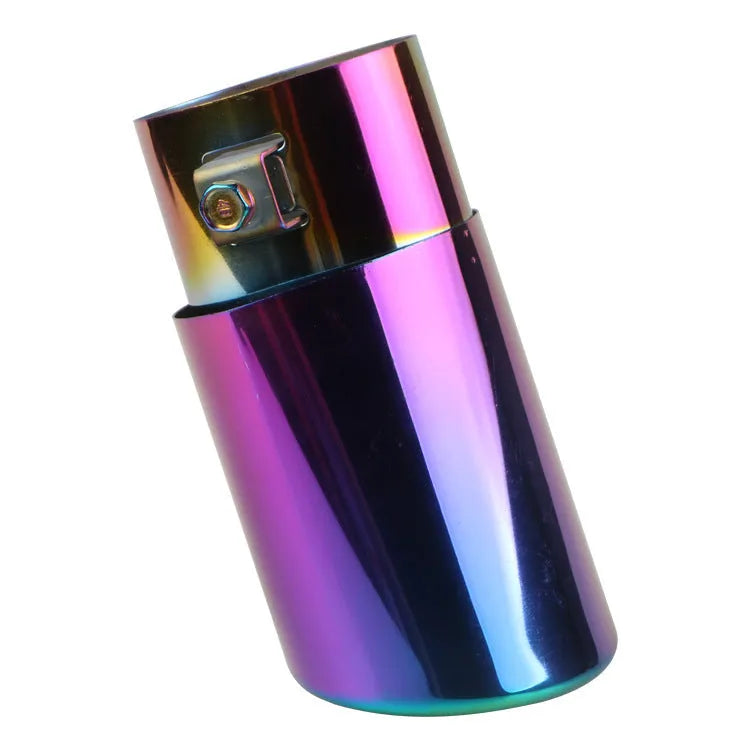 Stainless steel car exhaust tailpipe modification part, 140cm length, showing baked blue and bright silver finish options