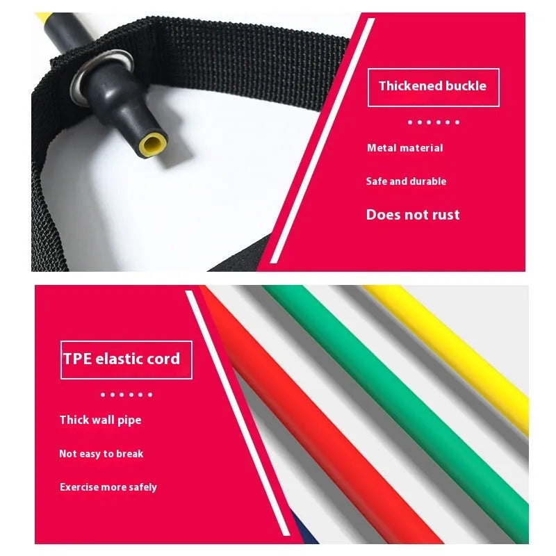 TPE chest expander exercise equipment showing five colour-coded resistance options from yellow 10LB to black 30LB with tension rope