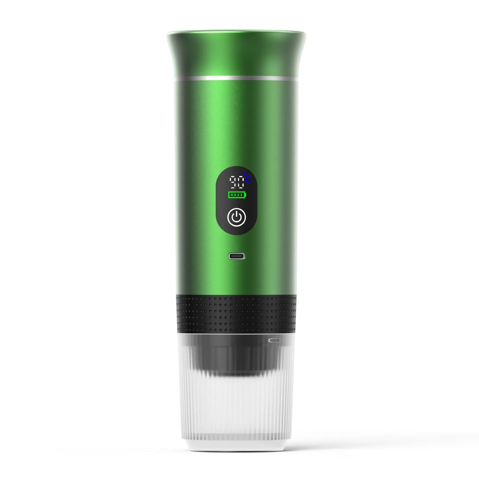 Portable electric capsule coffee machine with LCD display and 80ml water tank, in a car cup holder, black colour, battery powered