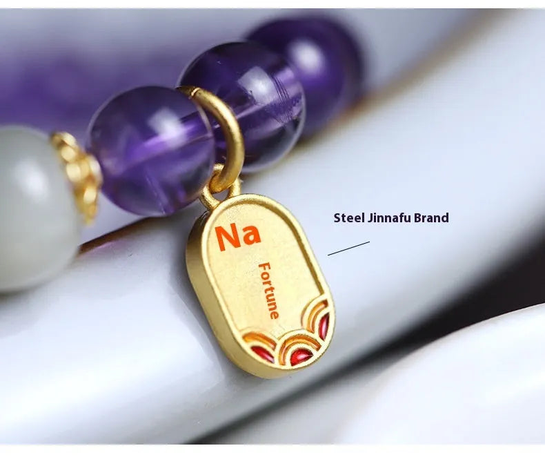 Amethyst crystal bracelet with 8mm beads in geometric national style design for women