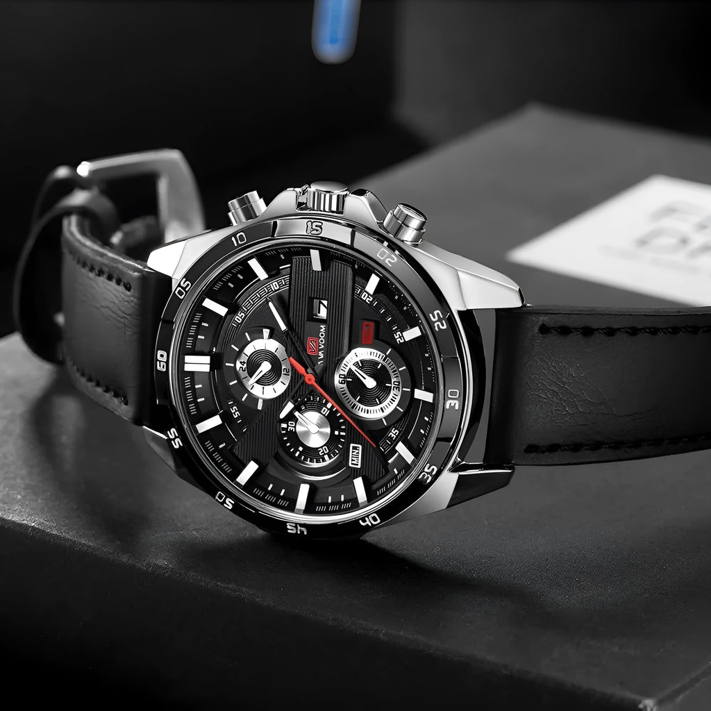 Men's casual watch with leather strap and business calendar display