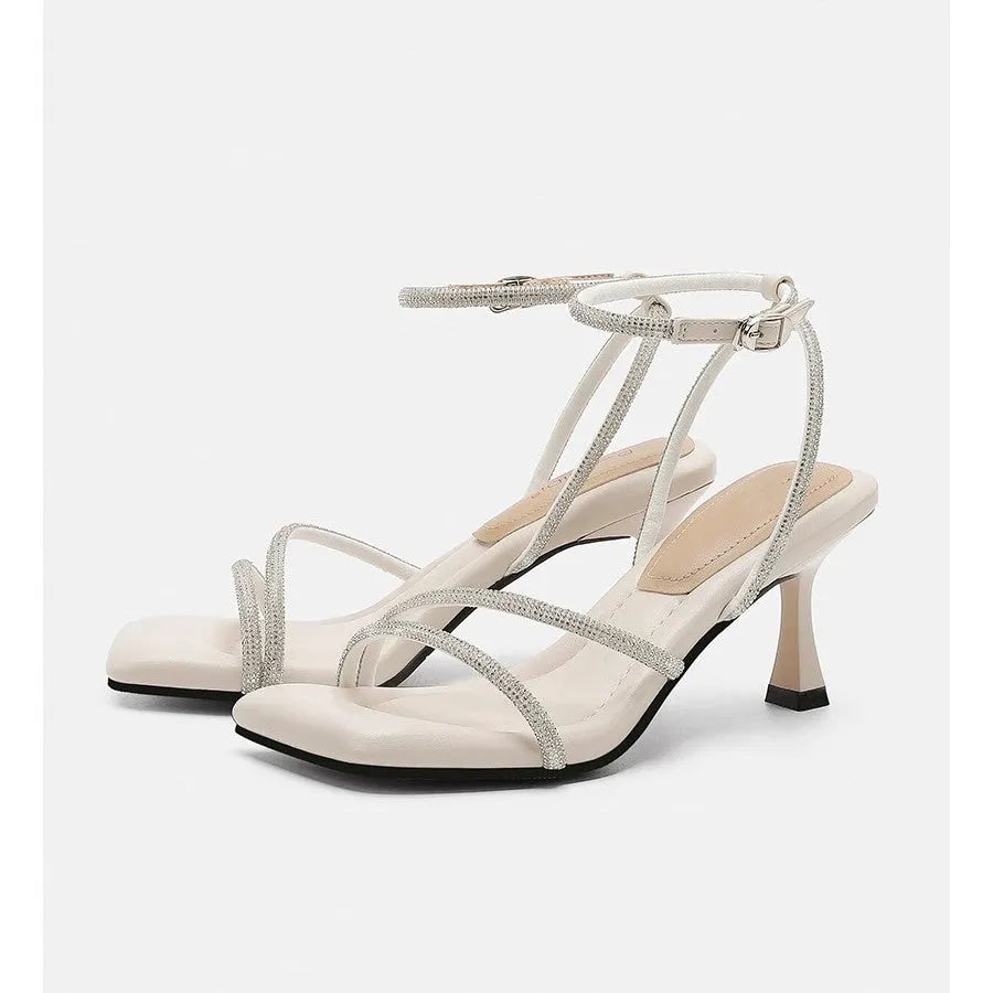 Women's rhinestone sandals with drooping detail, square toe, ankle-strap buckle, silver colour