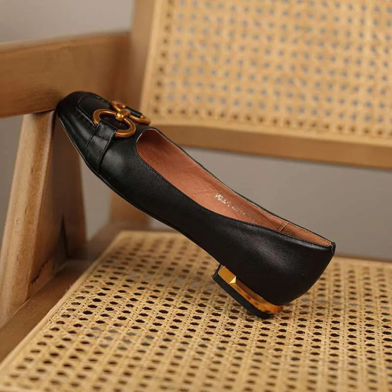 Women's Wanwan Lei style low heel pumps with square toe and metal buckle in apricot colour
