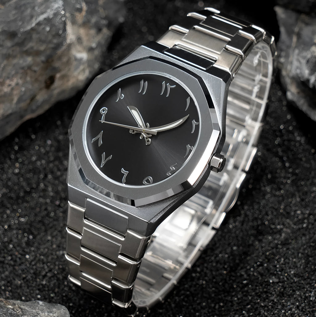 Men's business casual steel belt quartz watch showing 10mm thickness and professional dial design