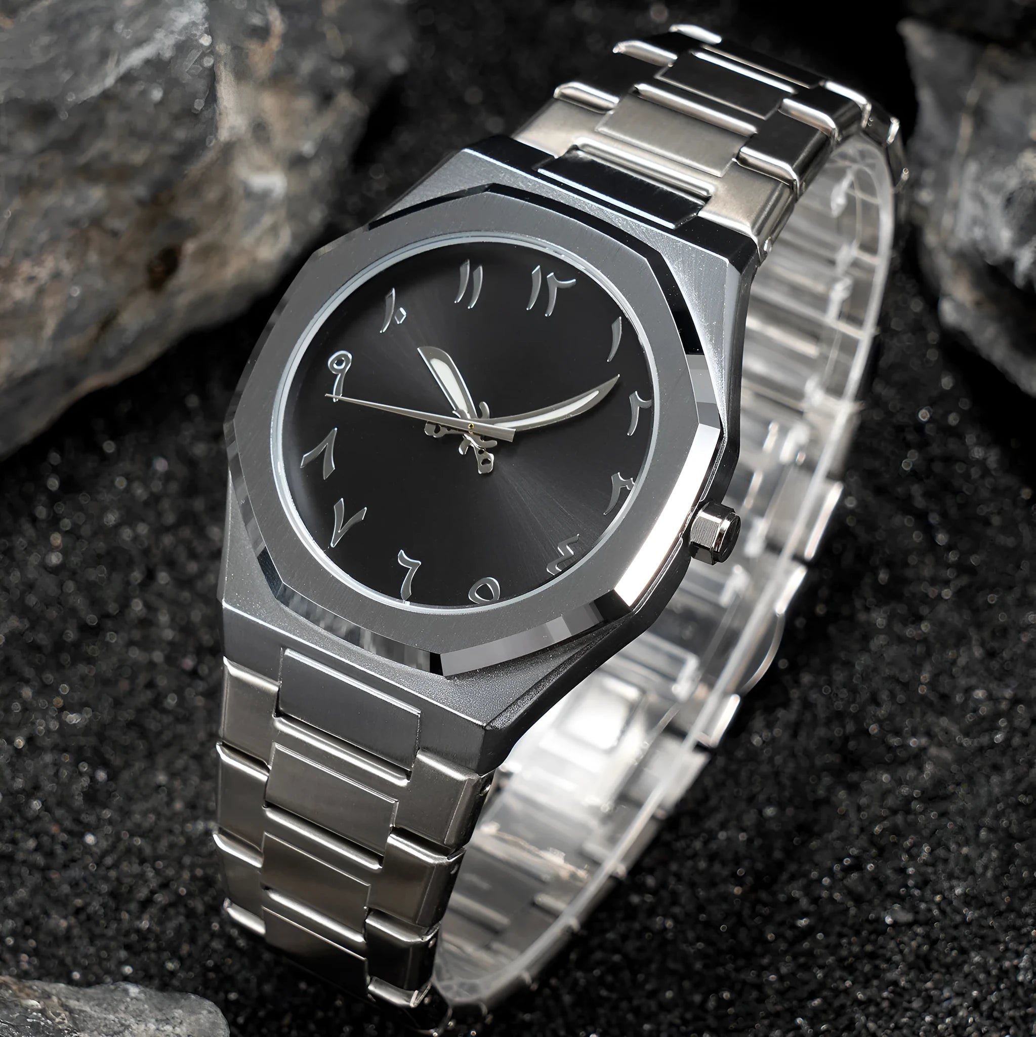 Men's business casual steel belt quartz watch showing 10mm thickness and professional dial design