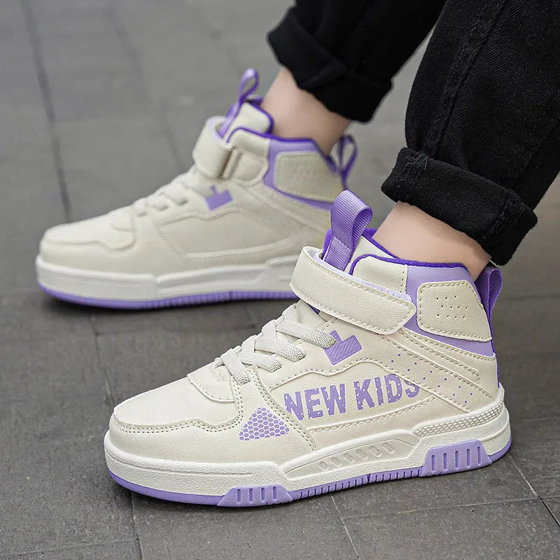 Children's street sneakers with PU upper, rubber sole, and buckle fastening in beige green, blue, or white options.