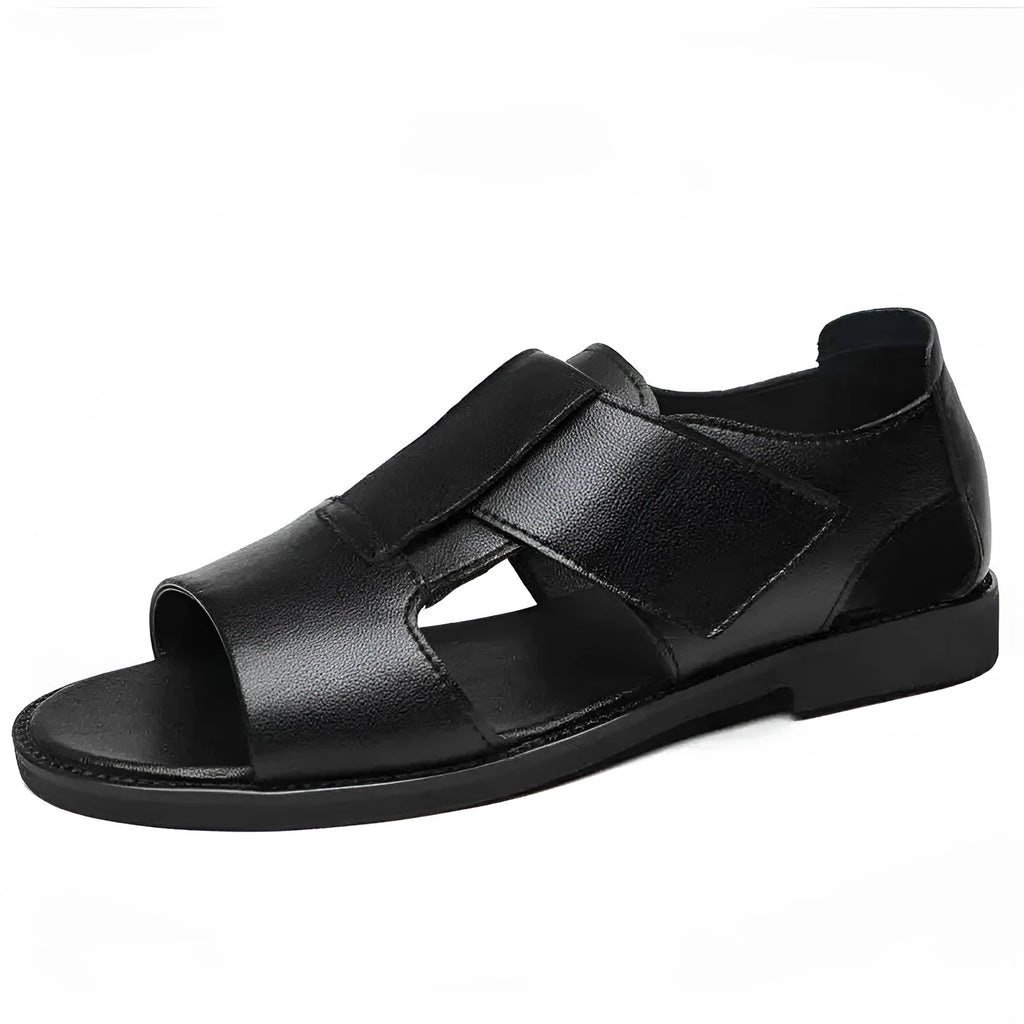 Men's black and brown casual leather sandals with open-toe design and rubber sole