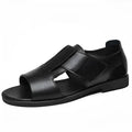 Men's black and brown casual leather sandals with open-toe design and rubber sole