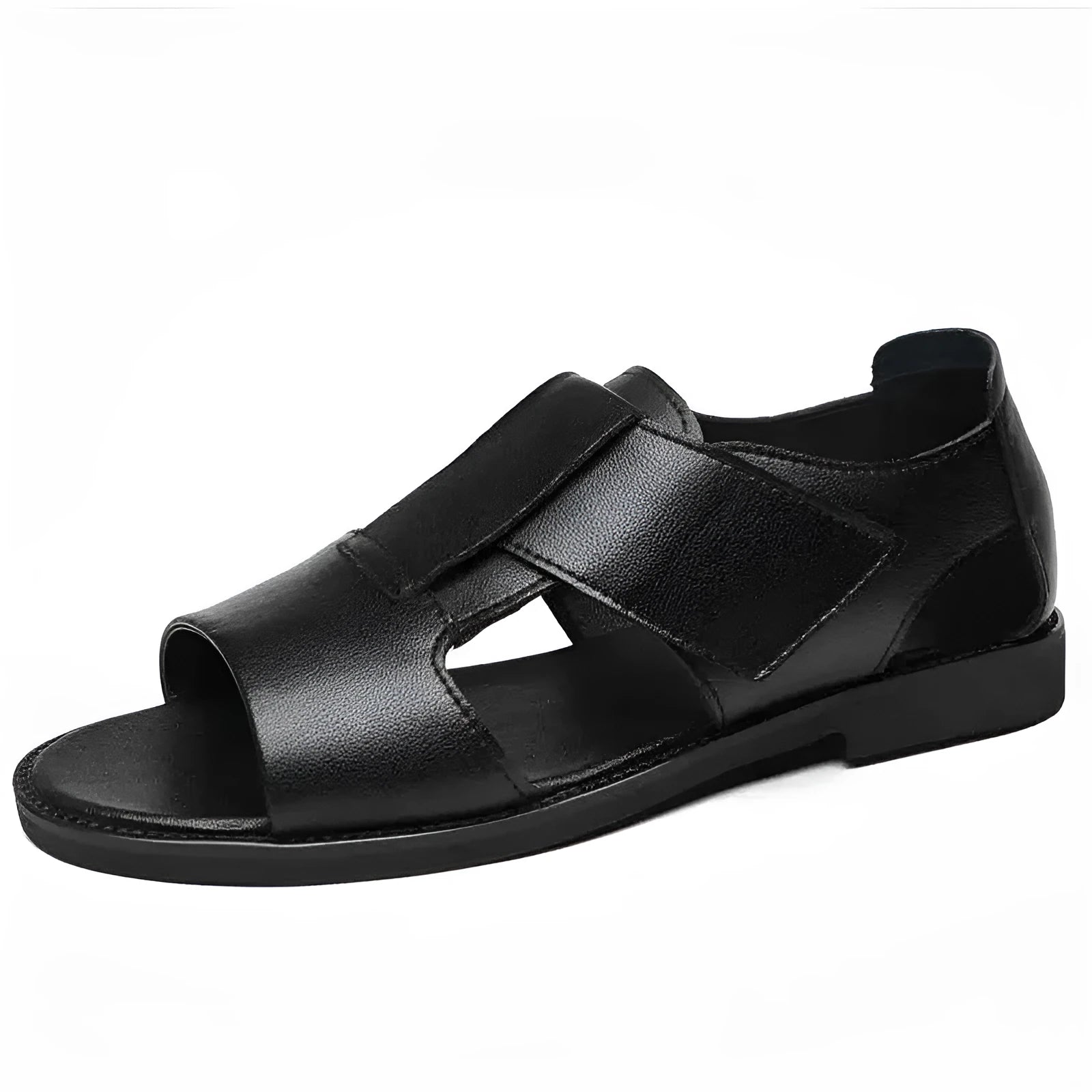 Men's black and brown casual leather sandals with open-toe design and rubber sole