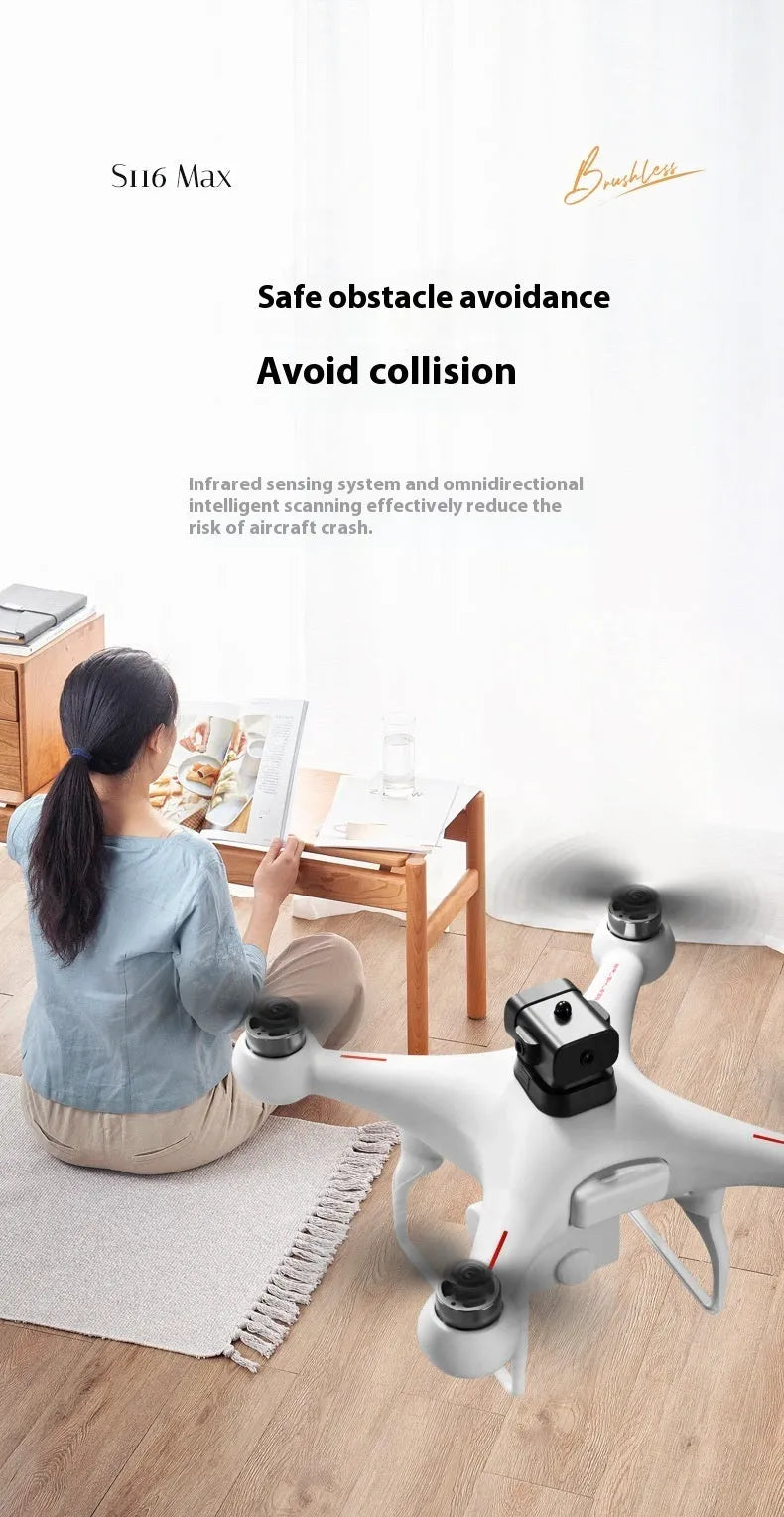 Black brushless motor drone with four obstacle avoidance sensors and dual HD cameras for aerial photography