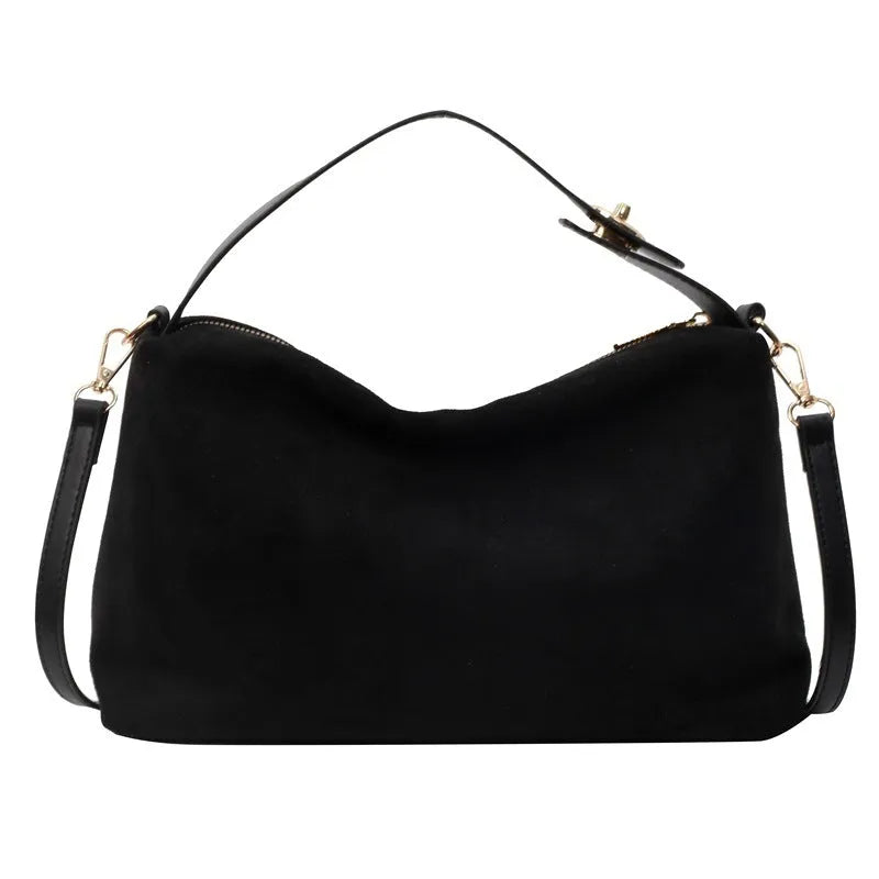 Retro frosted suede underarm handbag with stitching and lock detail in black