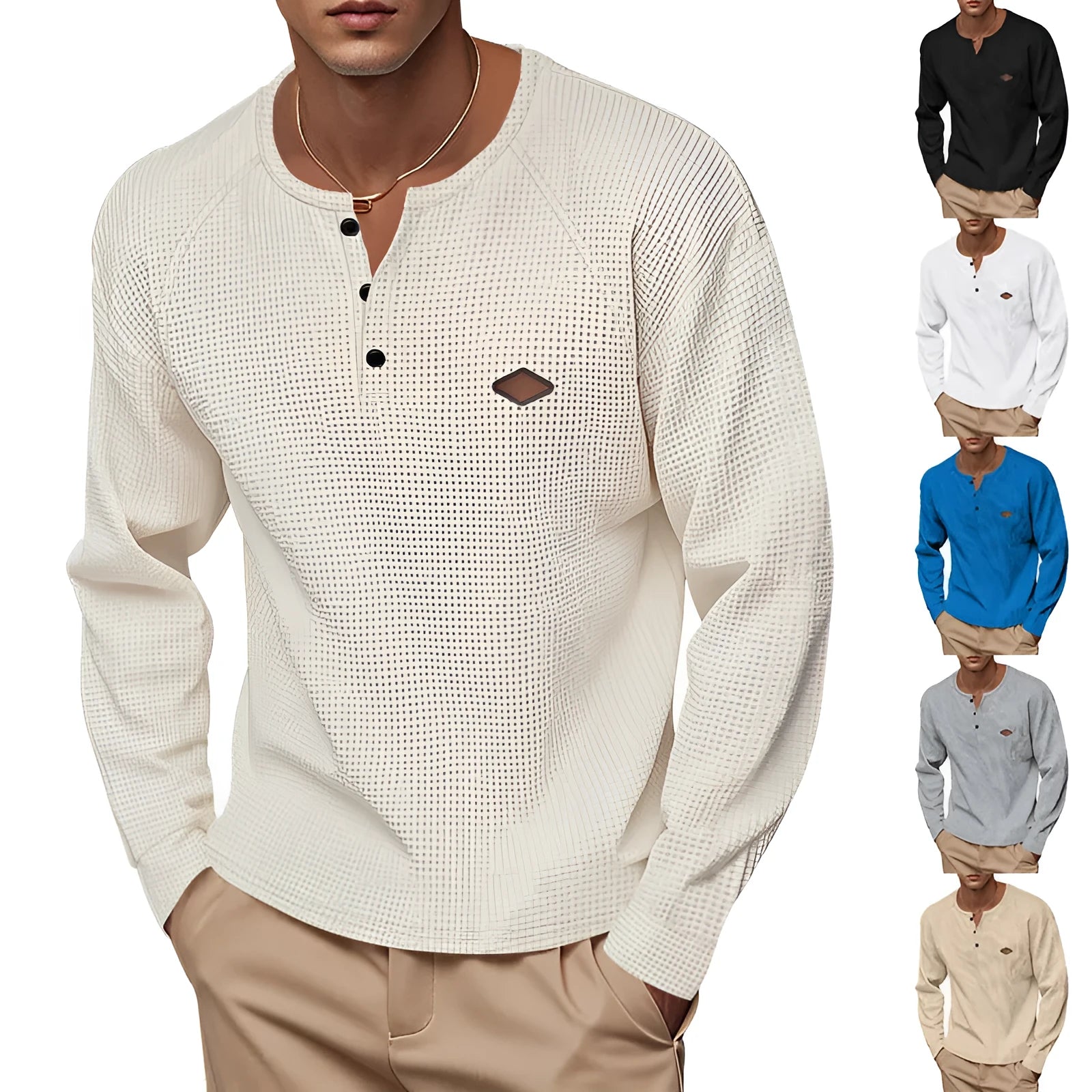 Men's waffle buckle quick-drying raglan long sleeve pullover in sapphire blue, loose fit, polyester fibre