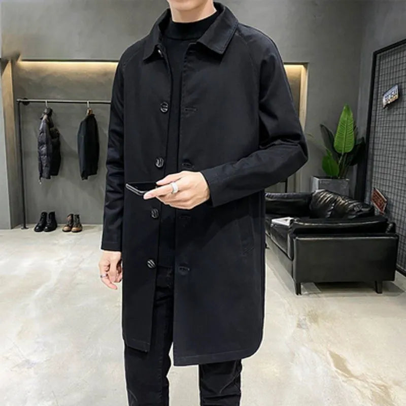 Men's mid-length loose rabbit fur trench coat in khaki, front view, showing relaxed fit