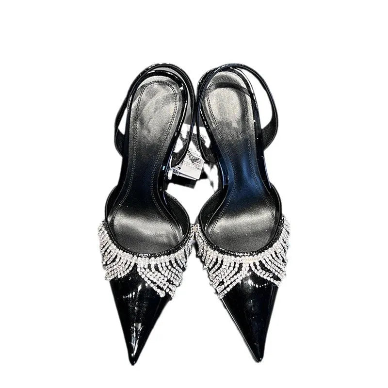 French tassel rhinestone slingback sandals pointed toe black 10cm heel microfiber upper