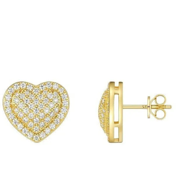 Pair of golden heart-shaped moissanite stud earrings on S925 silver posts