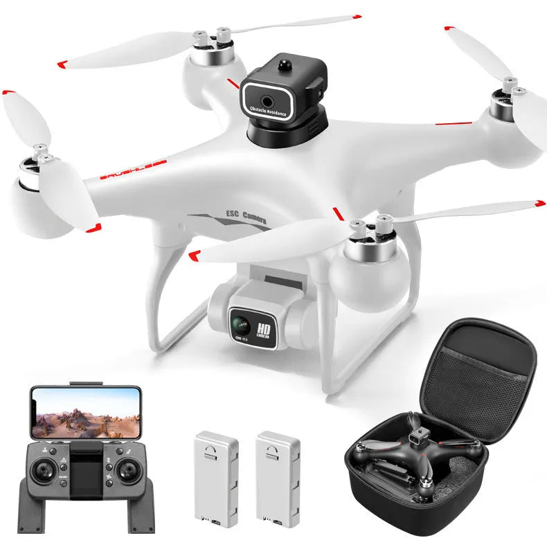Black brushless motor drone with four obstacle avoidance sensors and dual HD cameras for aerial photography