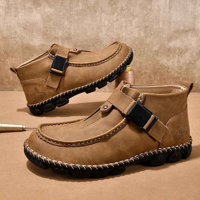 Handmade brown men's casual slip-on shoes with flat heel and sewn sole.