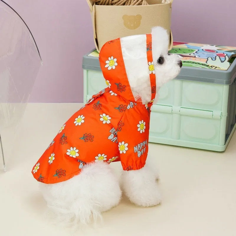Transparent dog raincoat with pull ring traction, waterproof polyester, small flower pattern orange and white options