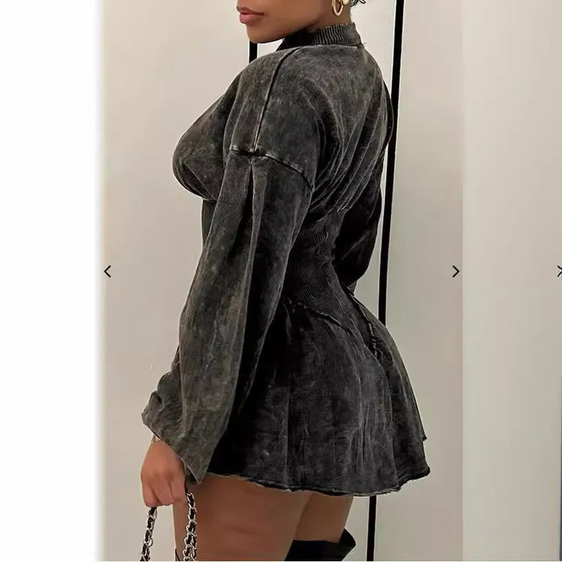 Gray slim-fit A-line dress with drawstring waist and long sleeves