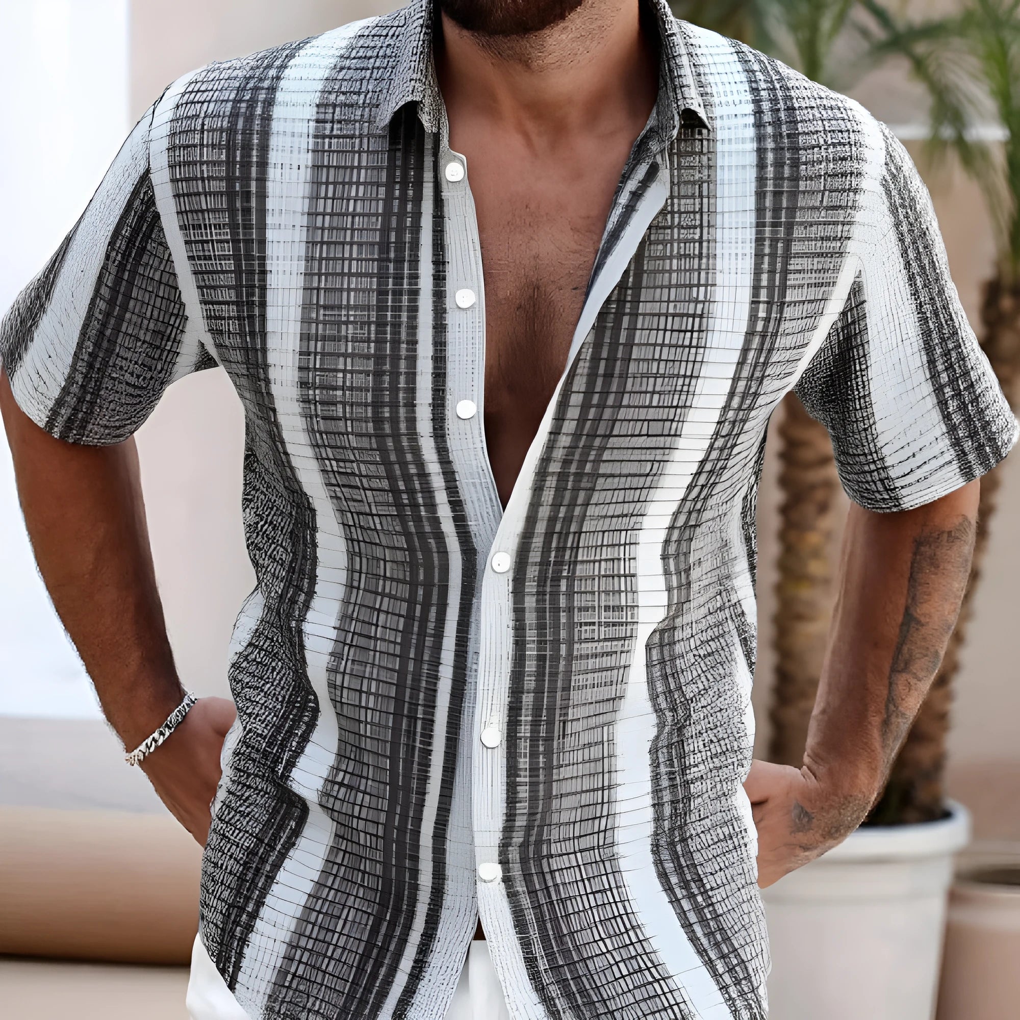 Men's slim fit short sleeve shirt with detailed 3D floral digital printing in polyester fabric