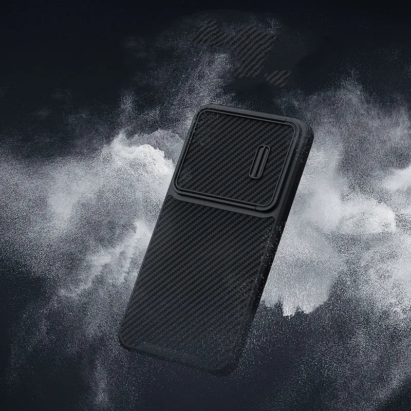 Black Samsung S23 Ultra mobile phone case with a built-in lens push cover, showing TPU and carbon fibre texture.