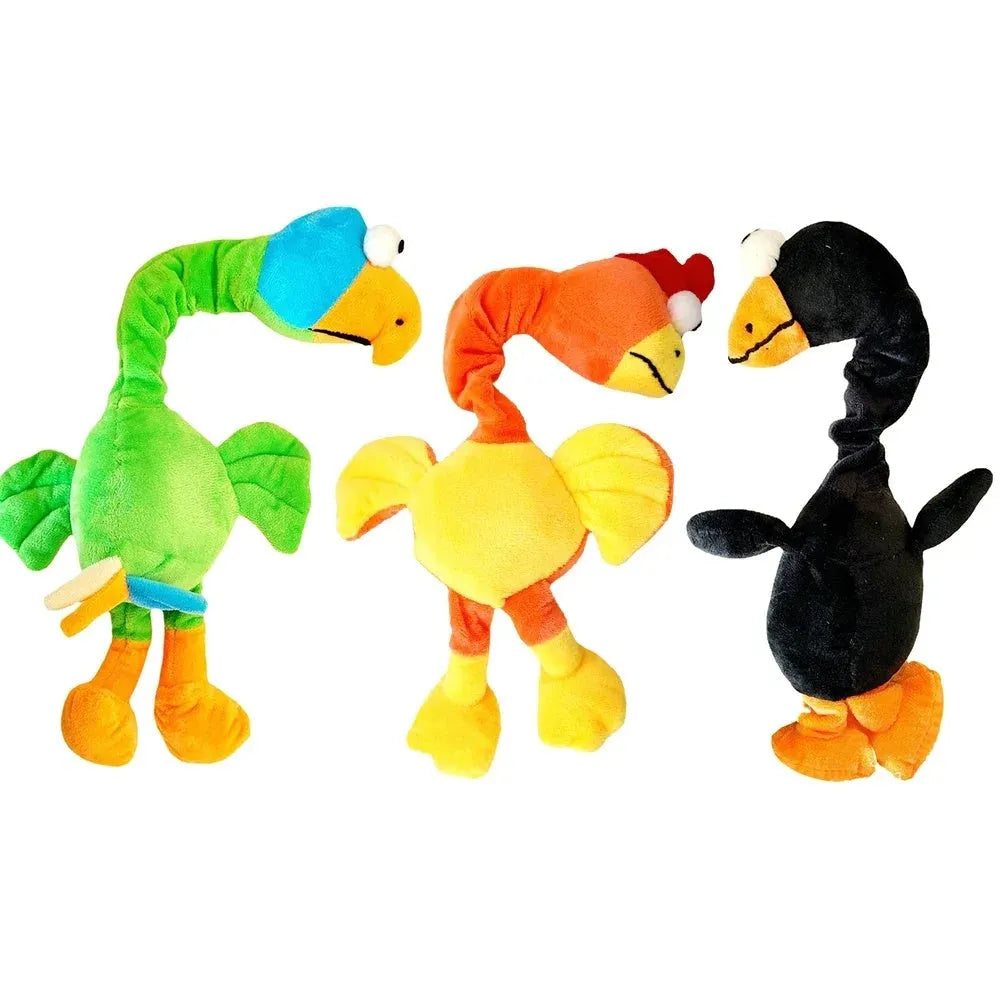 Screaming chicken sound dog toy in black, green, or orange with bite-resistant latex rubber construction