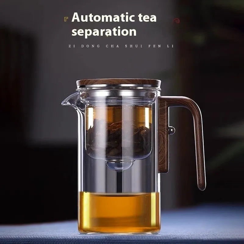 One click magnetic separation glass teapot with walnut wood handle and tea tray