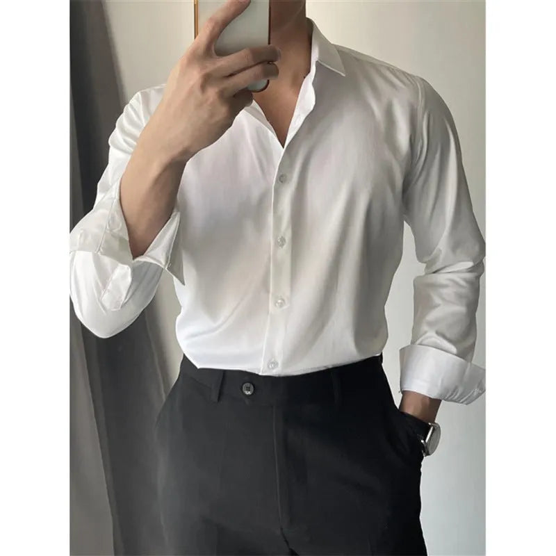 Men's solid colour Korean slim fit cardigan shirt in white, black, and dark gray, available in sizes S-5XL