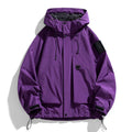 Men's black windproof waterproof hooded coat with long sleeves on a hanger.