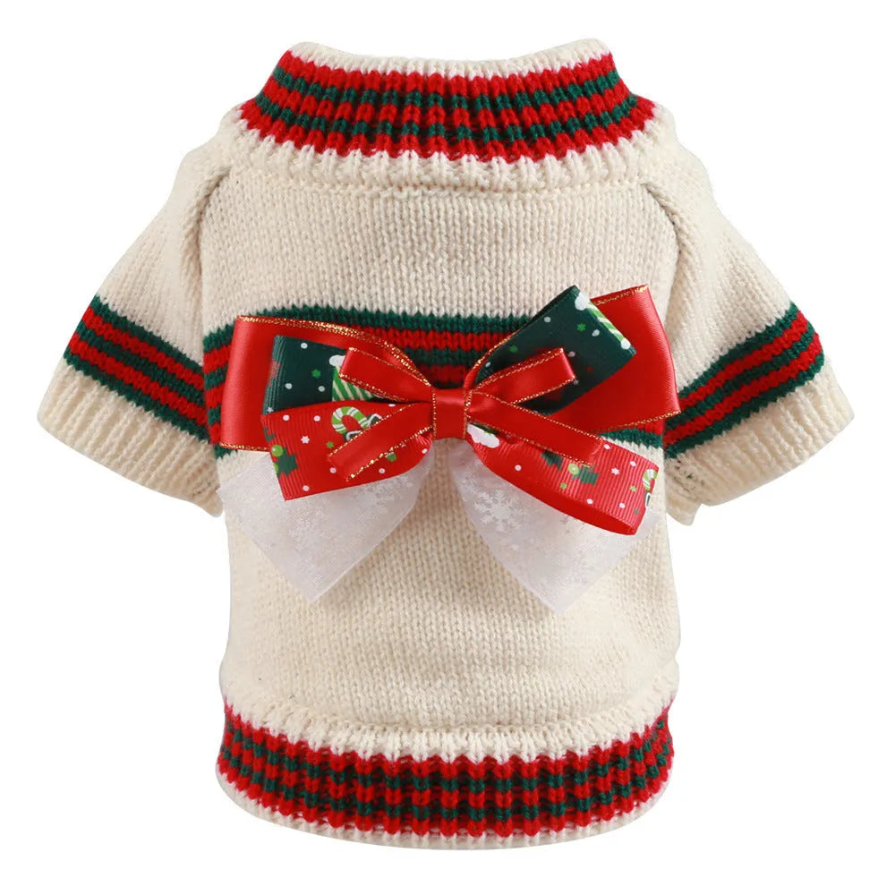Red Christmas knit dog sweater on a small dog, showing festive pattern and snug fit.