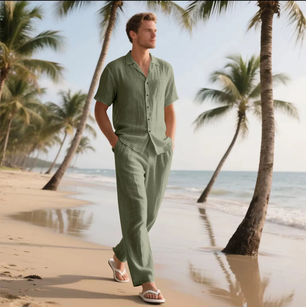 Casual linen blend button polo short sleeve trousers beach suit for men in multiple colours