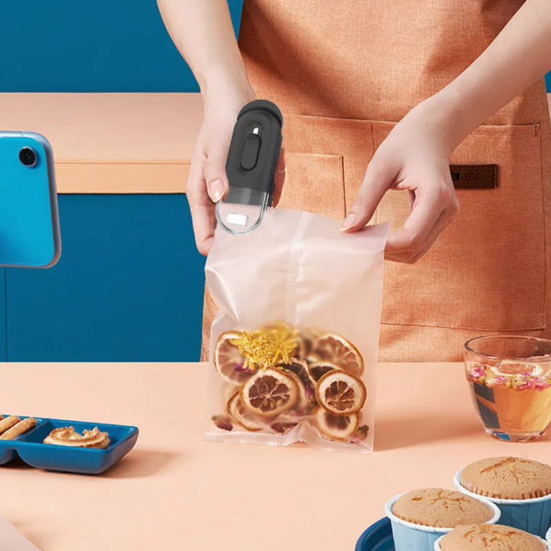 Multi-functional handheld portable battery-powered food bag sealer with sealing and cutting heads, black colour, on white background
