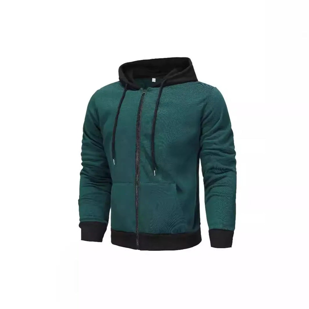 Men's zipper hoodie cardigan with wool lining, polyester fibre, size patch pocket, black with light gray hat