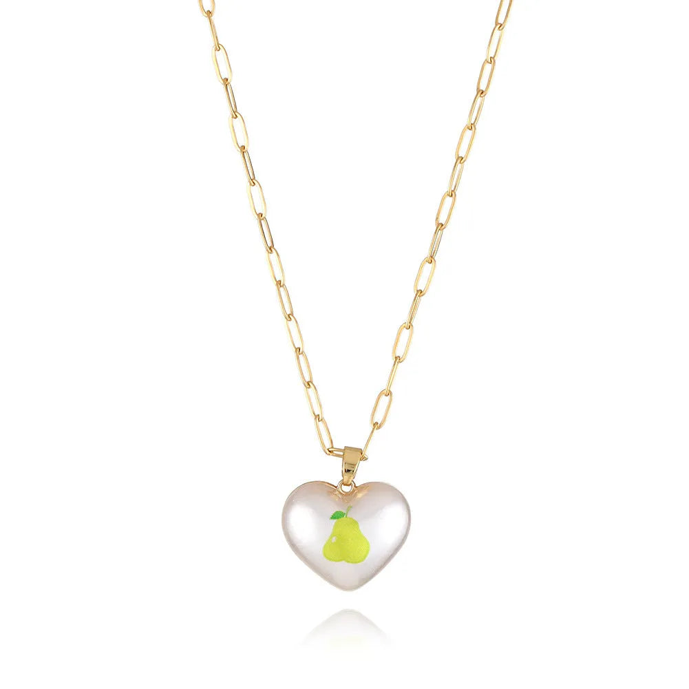 Heart-shaped fruit pendant necklace with strawberry design on adjustable metal chain