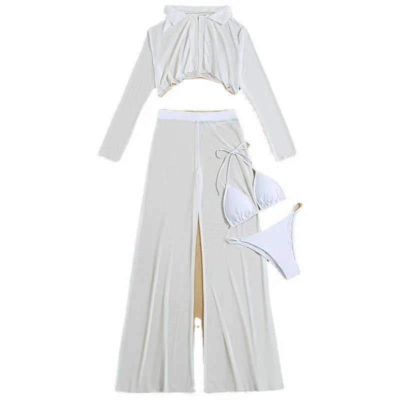 Women's white four-piece swimsuit set with high waist bottoms and backless top on a beach background