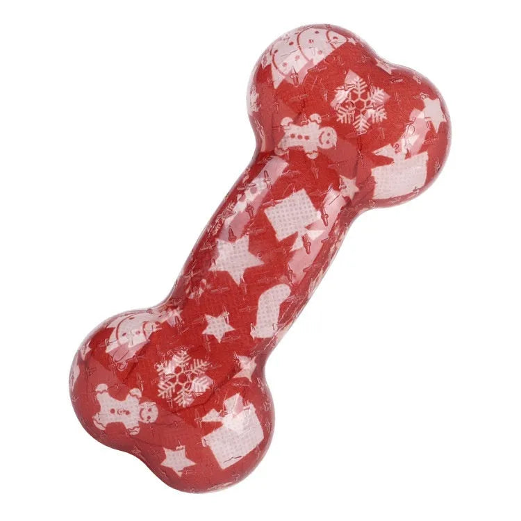 Printed bone TPR material dog chew toy with nibbling sound, in Christmas red colour, weight 110g