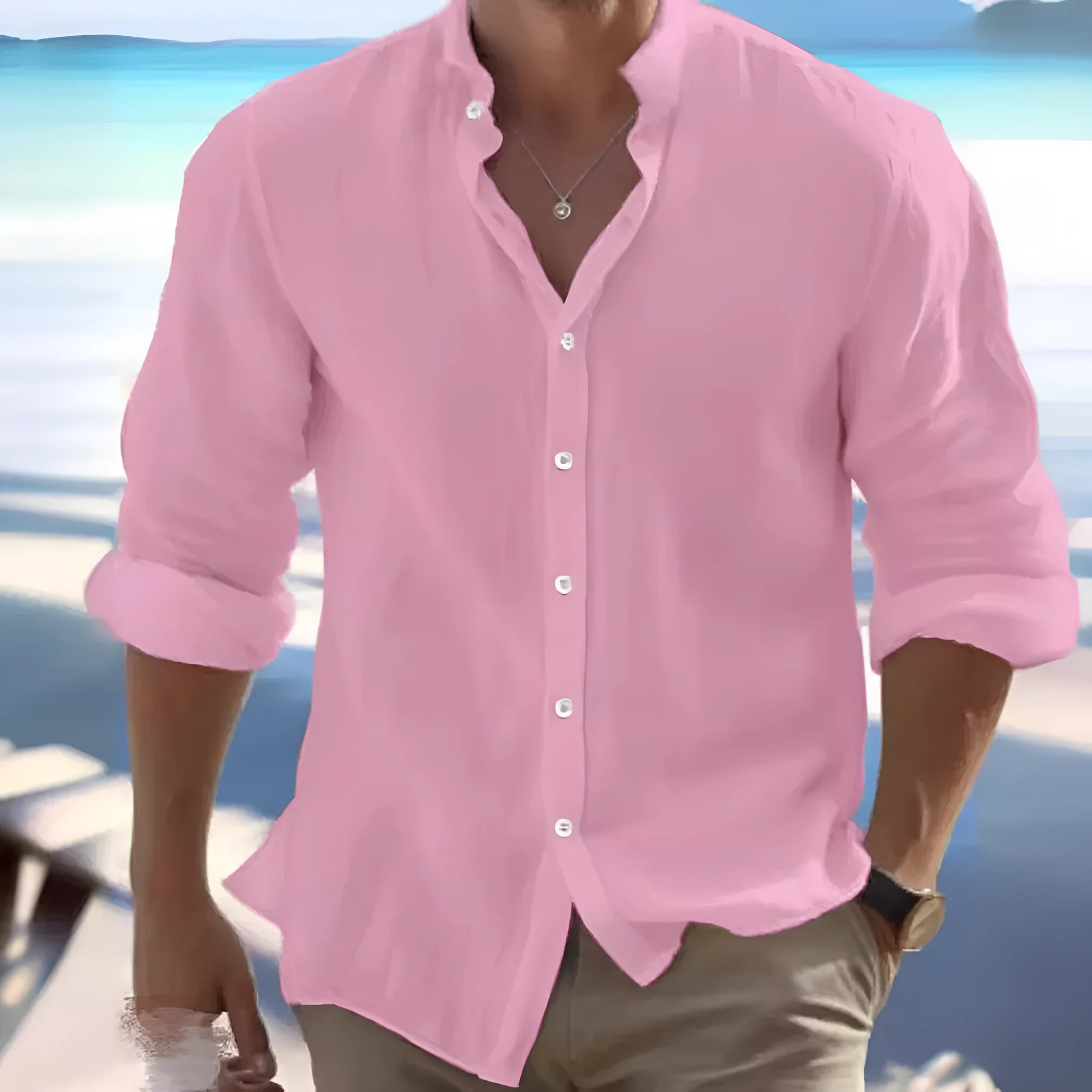 Men's casual long-staple cotton pullover shirt in light blue with collage stitching detail.