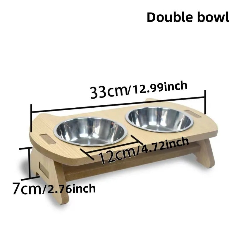 Wooden cat bowl feeder with two stainless steel bowls for water and food, anti-overturning base