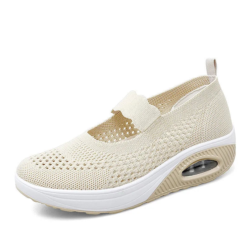 Women's slip-on mesh round toe casual shoes in black, side view