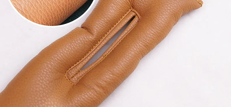 PU leather car seat gap strip in beige positioned between seat and console