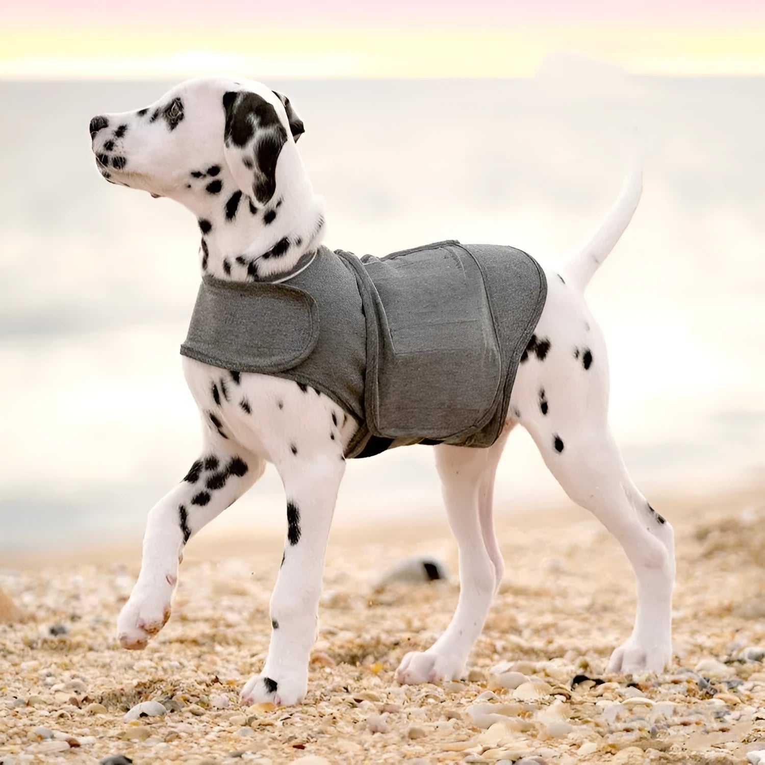 Heather grey dog anxiety jacket warm vest on a model dog, showing soft brocade cotton material.
