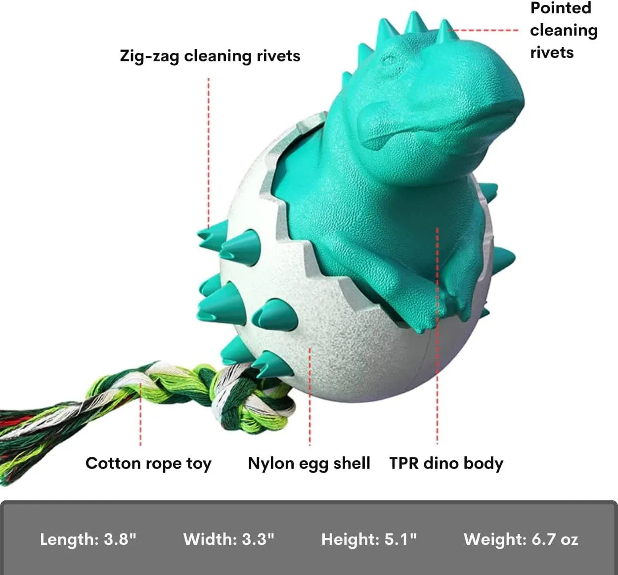 Blue dinosaur-shaped durable rubber dog chew toy with a knotted rope centre for aggressive chewers.