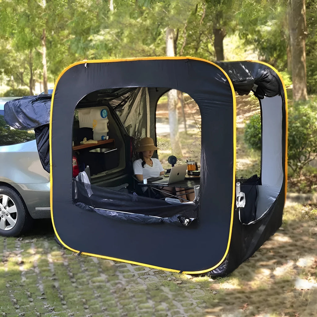 Black pop-up car tail tent with steel frame poles unfolded to 200cm cubic dimensions