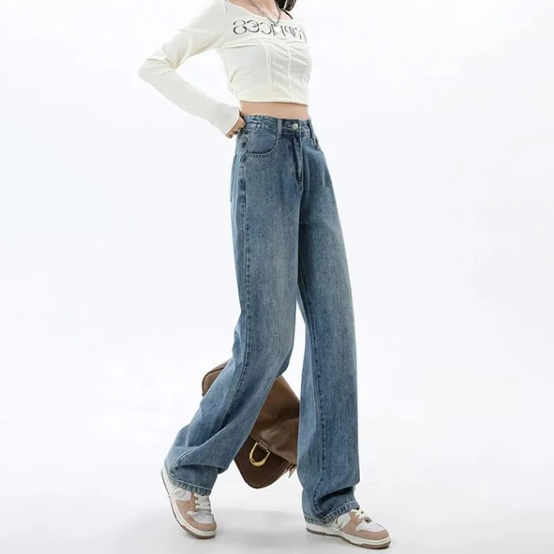 Women's retro blue high waist wide leg jeans with straight cut and spandex denim fabric