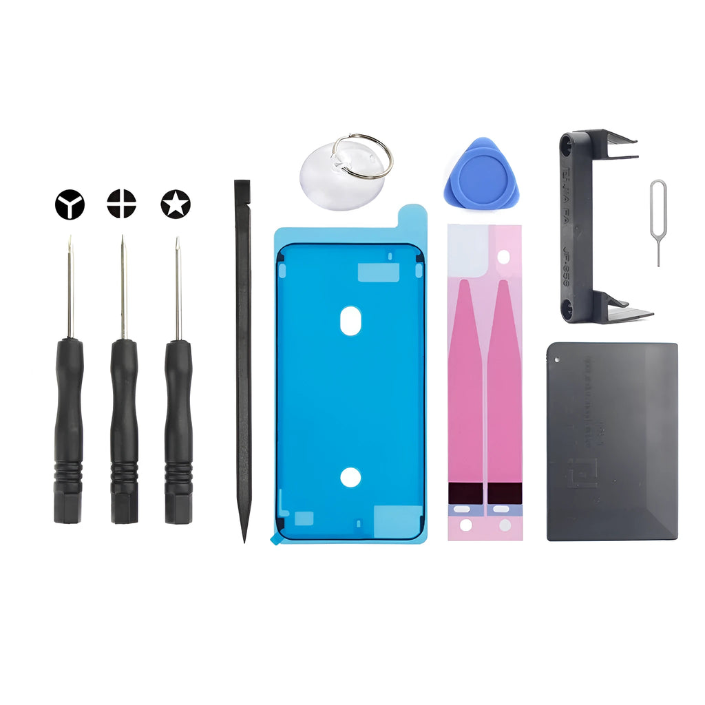 11-in-1 mobile phone disassembling tool kit with screwdrivers, pry sheets, sucker, and adhesive in a 120x200x20mm pack