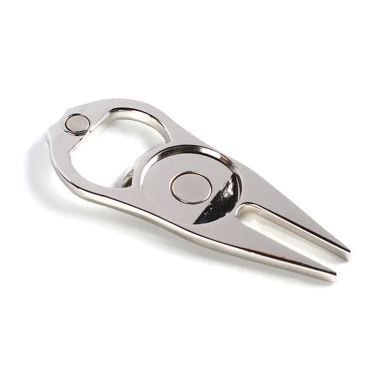 Zinc alloy golf ball fork bottle opener tool in black, green or silver with 88mm length