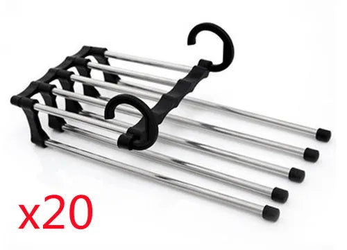 Black 5-in-1 stainless steel trouser hanger with five booms and dual hooks on a clothes rack