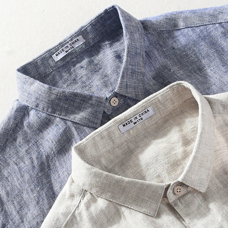 Men's casual short sleeve linen shirt with a square collar in raw jute colour