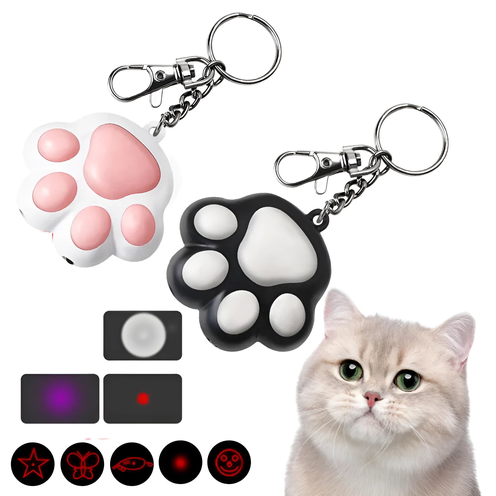 USB-rechargeable infrared cat teaser toy with keychain loop in black or pink